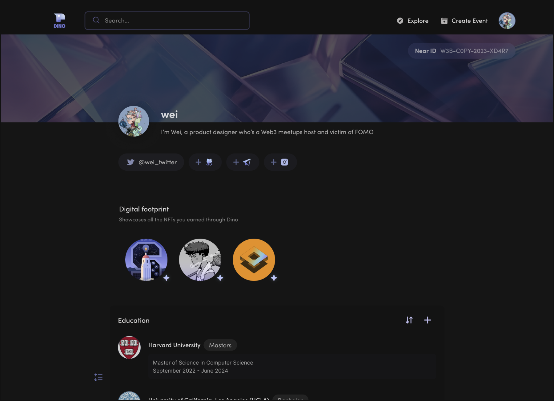 Dino profile page with digital footprint